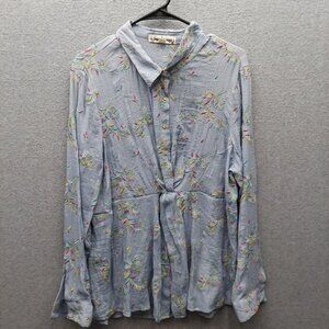 Hope Springs XXL Womens Button-Down Blouse With Floral Embroidery